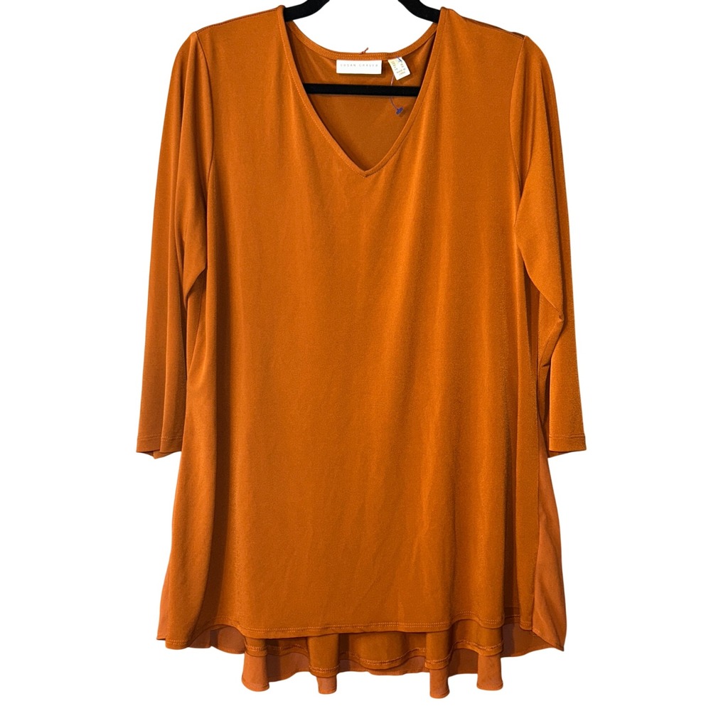 Susan Graver Womens Liquid Knit Earthy Boho Layered Hem V-Neck Tunic Top XL